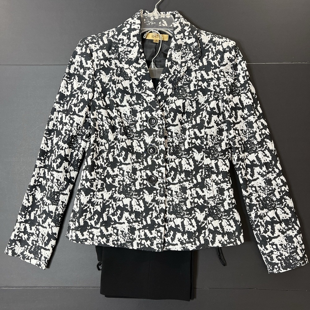 Kasper Pant Suit 2pc Women's 6 Black White Abstract Print Business Formal Preppy